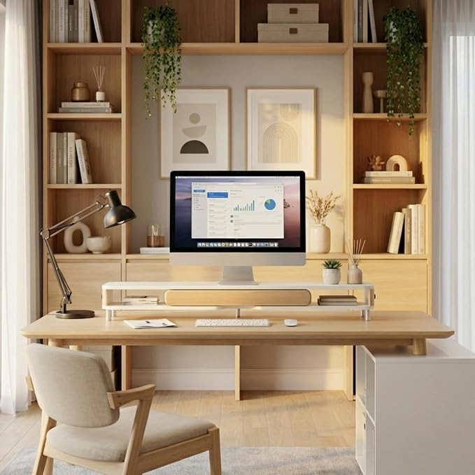 Fenge Dual Monitor Stand with Large Storage Drawer, 42.5" Dsek Shelf, White | Slide-Out Drawer with Wood Grain Finish, Ergonomic Monitor Riser, Aluminum leg, 2-Tier Desk Organizer for Laptop, TV, PC