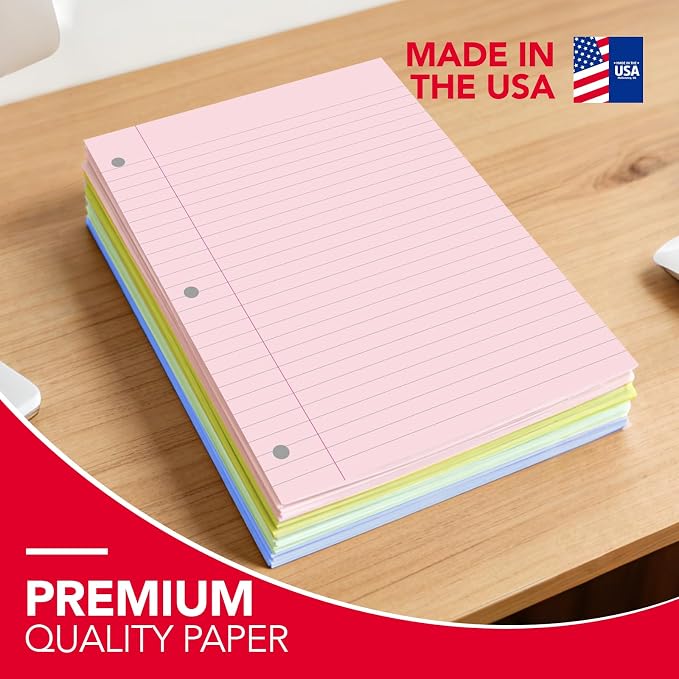 Kaisa Filler Paper Colored loose Leaf Paper, Wide Ruled 8x10.5in Colored Paper, 3-Hole Punched for 3-Ring Binders,100Sheets/pack 4Packs, FC10001W