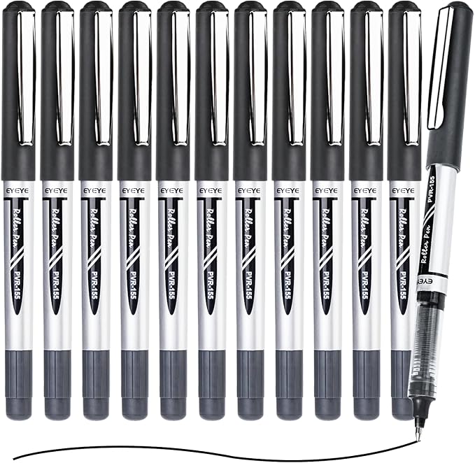 EYEYE Black Rollerball Pens Pack of 12, 0.7mm Fine Point, Quick Dry | Back to School Essentials, Liquid Ink Roller Ball Pen Fine Point Smooth Writing Pens for Journaling, Office Supplies