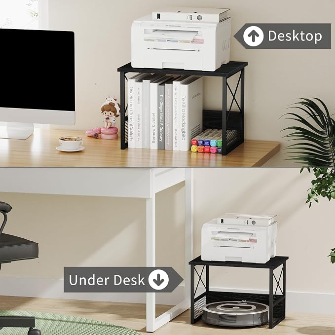Printer Stand for Desk, Desktop Printer Stand Shelf Organzier for Home Office, for Above and Under Desk, Fax Machine Copier Scanner, Black