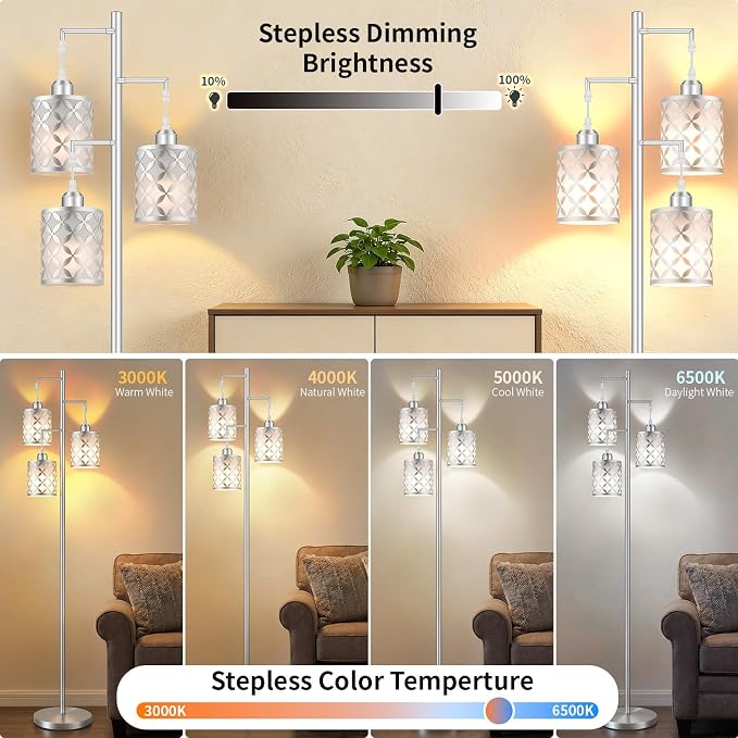 Dimmable Floor Lamp, Farmhouse Standing Lamp with Elegant Metal Cage, Industrial Tall Tree Floor Lamps for Living Room Bedroom Study Office with Remote & 3x 1100LM 12W LED Bulbs, 72" Silver