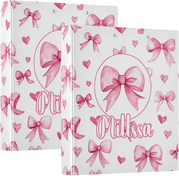Watercolor Pink Bows 3 Ring Binder with Clipboard Round Ring Binders Hearts Personalized Binder 3 Interior Clear Pockets for Office Supplies 2 Pack