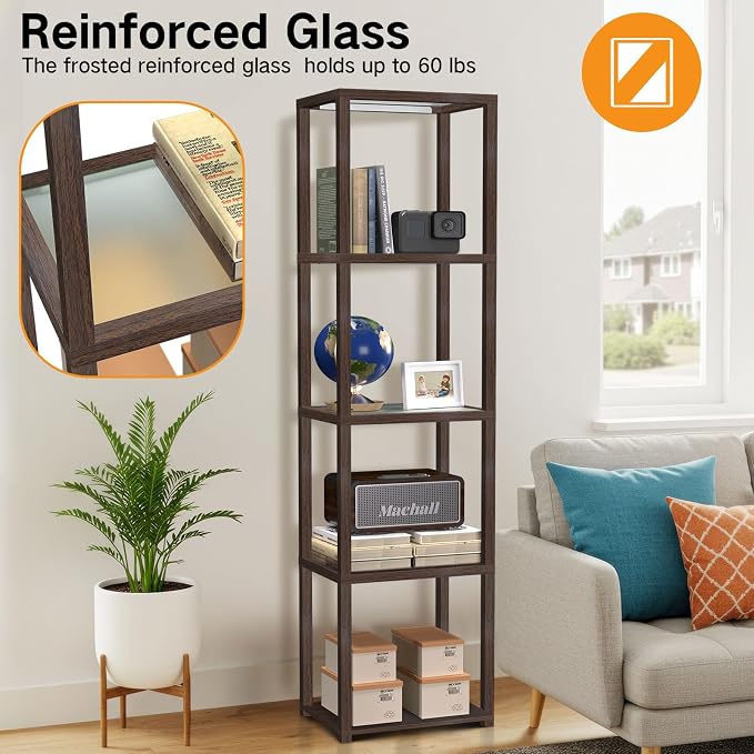 OUTON 67" Glass Display Shelf with Dimmable LED Floor Lamp, Collectibles Display Cabinet with Remote & App Control, 5 Tier Open Bookshelf Lamp for Living Room, Bedroom, Office, Home Decor, Walnut