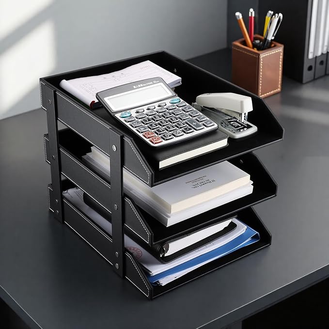 Letter Tray, Leather Paper Organizer Tray, Wooden Desk File Holder, Desktop File, Stackable Magazine Holder, Mail Sorter, Great for Home or Office - 3 Level Black