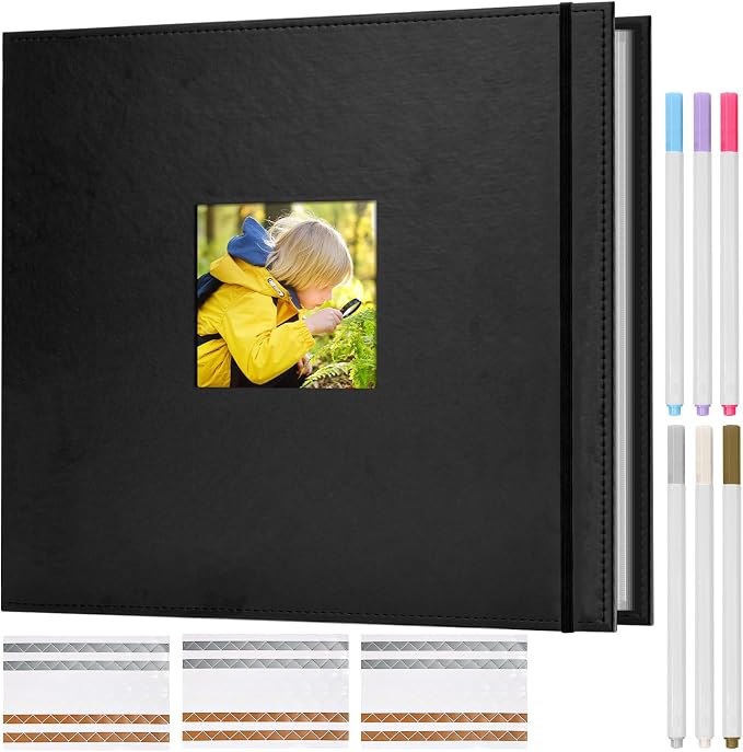 Leather Photo Memory Book 12x12 in, 50 Sleeves Black | 3-ring scrapbook album, 100 pages, PVC protected acid-free, for wedding travel family