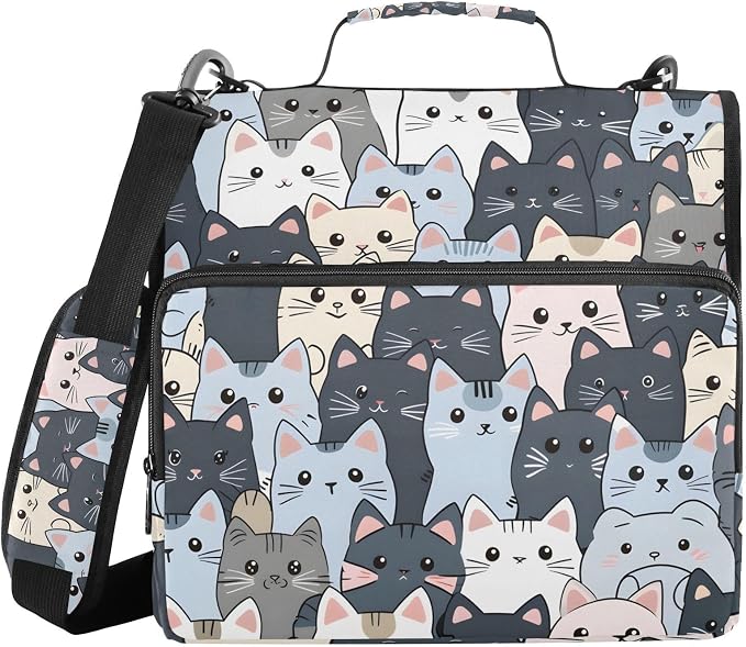3 Ring Zipper Binder with Shoulder Strap Cat Cute Blue 1.5 inch Binders Keeper Large Capacity Multi Pockets for School Office Supplies
