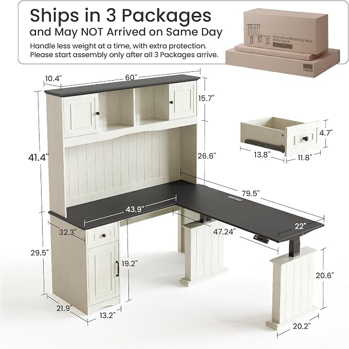 FEZIBO 80x60 L Shaped Electric Standing Desk with Hutch and Drawers, Farmhouse Height Adjustable Sit Stand Desk with Cabinets, Large Corner Home Office Computer Desk with Power Outlets, Antique White