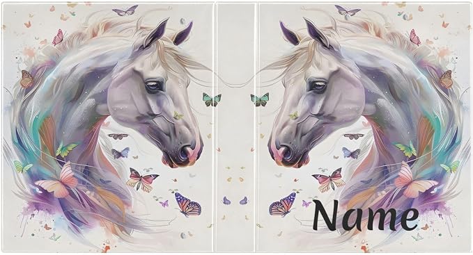 Custom 3 Ring Binder White Horse Butterflies 1.5" Round Ring Binders Personalized Name View Binder with 200 Sheet for Kids School Supplies Women Men Office, 1 Pack