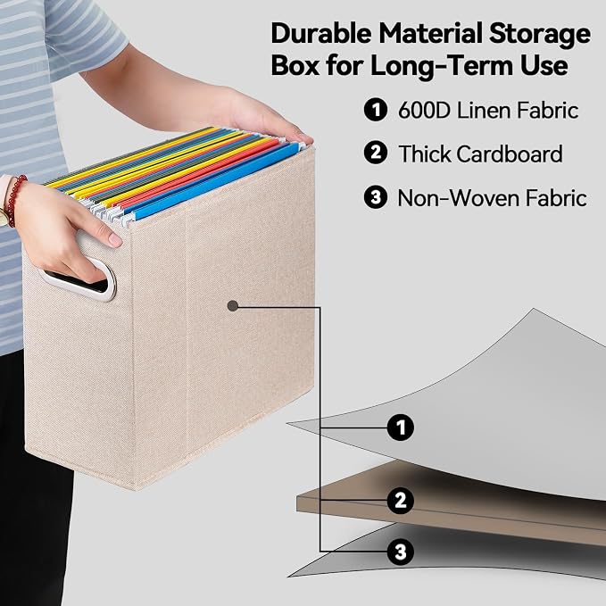 6 Packs Letter Size File Organizer, File Folders Organizer, Fabric Storage Box, Collapsible Paper Organizer with Metal Handle, Smooth PVC Rails, Only Box (Beige)