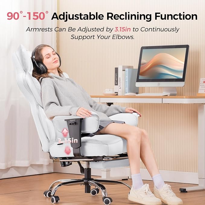COMHOMA Big and Tall Office Chair Heavy Duty Wide Ergonomic Gaming Chair with Deluxe Embossing Designed Leather with Foot Rest,150°Reclining Adjustable Armrests Pocket Spring Back Support and Pillow