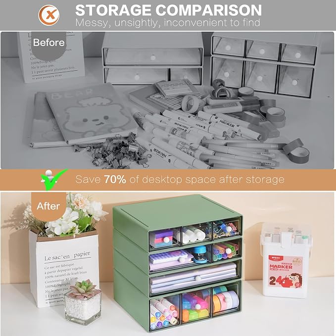 Desk Storage Organizer with 9 Drawers, 4 Tiers Stackable Desktop Craft Storage Drawers, Clear Storage Box Caddy for Stationary Makeup Jewelry Office Craft Supplies (Green)