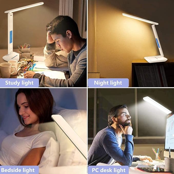 Desk Lamp with Wireless Charger: USB Charging Port, Table Lamp with Clock, Desk Lamps for Home Office College Dorm Room Essentials