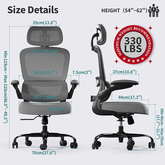 TRALT Office Chair Ergonomic Desk Chair - Gaming Chair with Lumbar Support | 330 LBS Home Office Desk Chairs with Headrest, Reading Chair with Flip-up Armrests, Comfortable Computer Chairs (1, Grey)