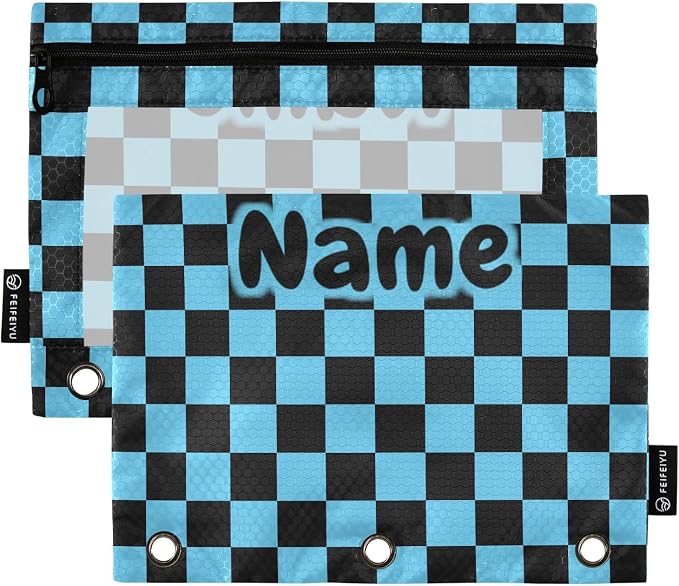 Custom Black Blue Checkered Pattern Pencil Pouch for 3 Ring Binder, 2 Pack Personalized Name Waterproof Pencil Bags Clear Window Pencil Case School Office Supplies