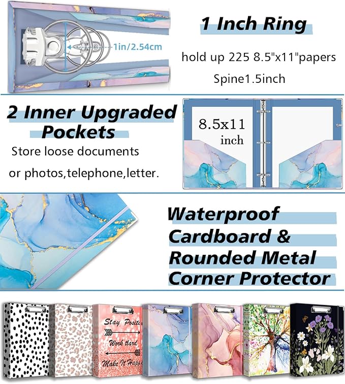1 Inch 3 Ring Binder Organizer with Clipboard, 5-Tab Pockets Dividers, Clear Folder, 18 Divider Stikers, BVSSX Decorative Three Ring Binder with Pen Loop, Elastic Strap (Blue Marble,Letter Size)
