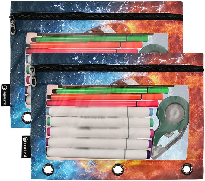 American Football Fire Water Pencil Pouch for 3 Ring Binder, 2 Pack Waterproof Pencil Bags Clear Window Pencil Case Zipper School Office Supplies