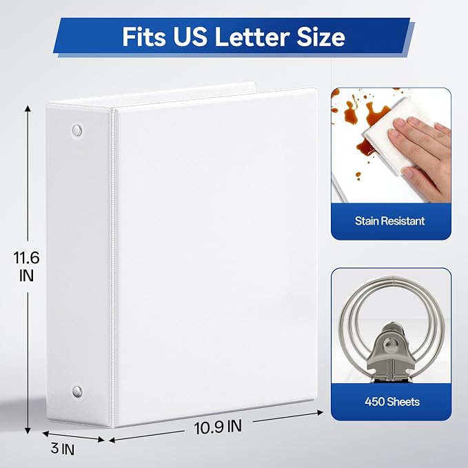 GNL 2 Inch 3 Ring Binders Economy 4 Packs White, 2" Three Ring (Fits 450 Sheets of 8.5x11 Paper) Clear View PVC-Free & Non-Stick for School or Office Supplies