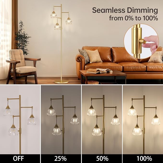 Shenmoyl Stepless Dimming Floor Lamps for Living Room, Bedroom, Gold Standing Lamp with 3pcs 6W Bulbs, Vintage Brass Floor Lamp for Corner, Nursery (Clear Tulip)