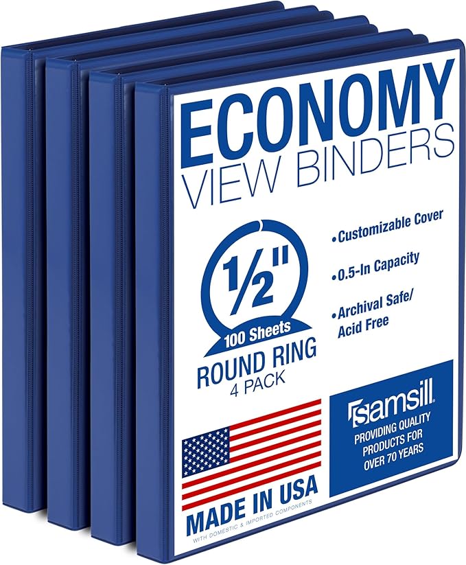 Samsill 0.5 Inch 3 Ring Binder, Economy Round Ring, Clear View Cover, 100 Sheet Capacity - for School, Home, Office - Blue, 4 Pack