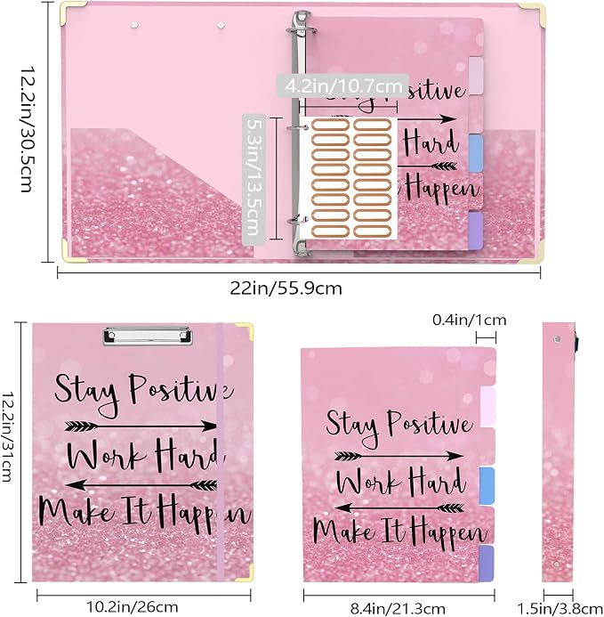 3 Ring Binder 1 Inch Round Ring Binder with 6 Tab Dividers，2 Interior Pockets，Cute Binder Clipboard with Storage, for School Office, Portfolio(Stay Positive)