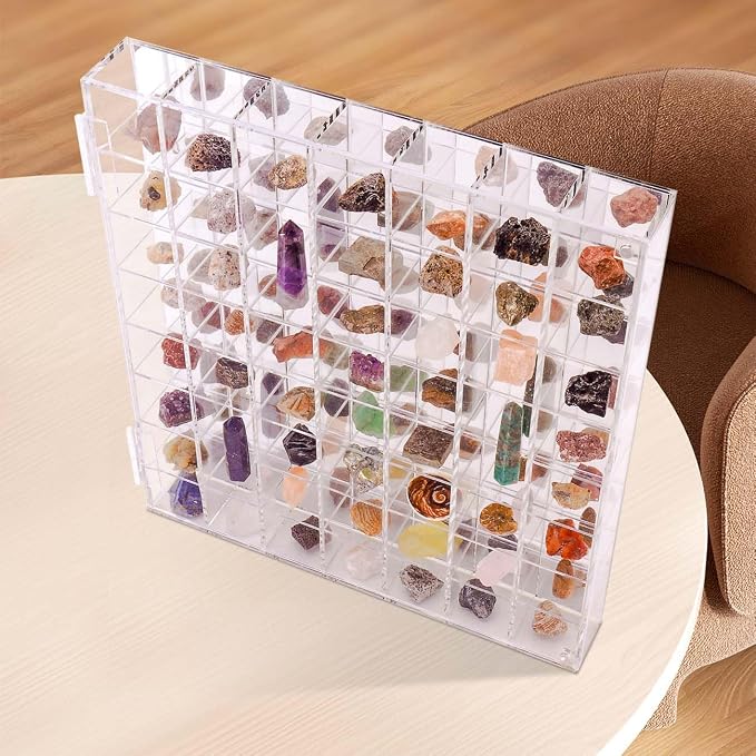 Adjustable Seashell Display Case Box Large Rock Fossil Arrowhead Case | Crystal Organizer Clear Wall Mounted & Desktop 56 Room Shadow Box for Mini Pop Figure, Collectibles, with Mirrored & Lid