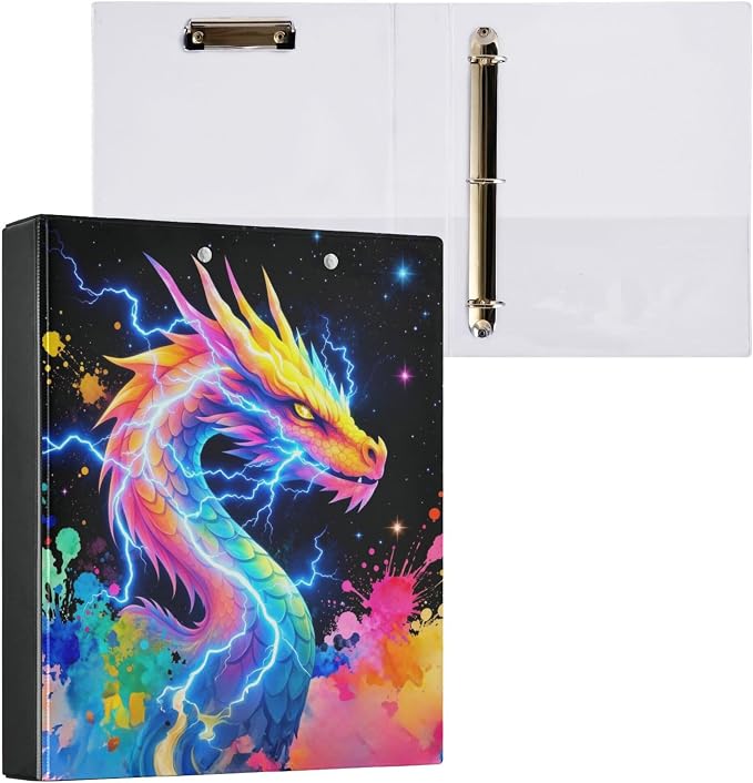 Dragon Lighting Round Ring Binders 1.5 Inch Dinosaur Thunder Dino 3 Ring Clipboard Binder for Office School Work Supplies File Folder Document 200 Sheet Capacity Easy Open