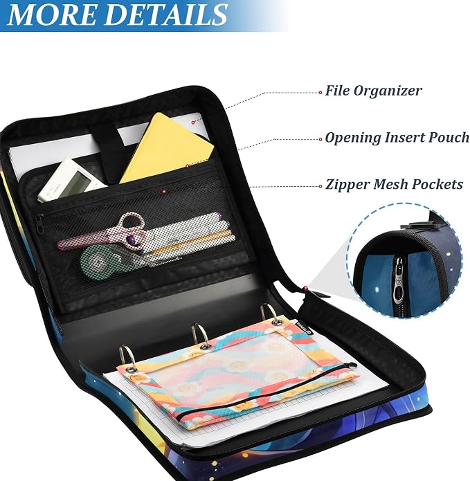 3 D-Ring Zipper Binder Bag, Little Dragon in Galaxy Dark Space Removable Binder with Zipper Case Hold 300+ Sheets& 13 Inch Laptop for School Office Supplies Organizer