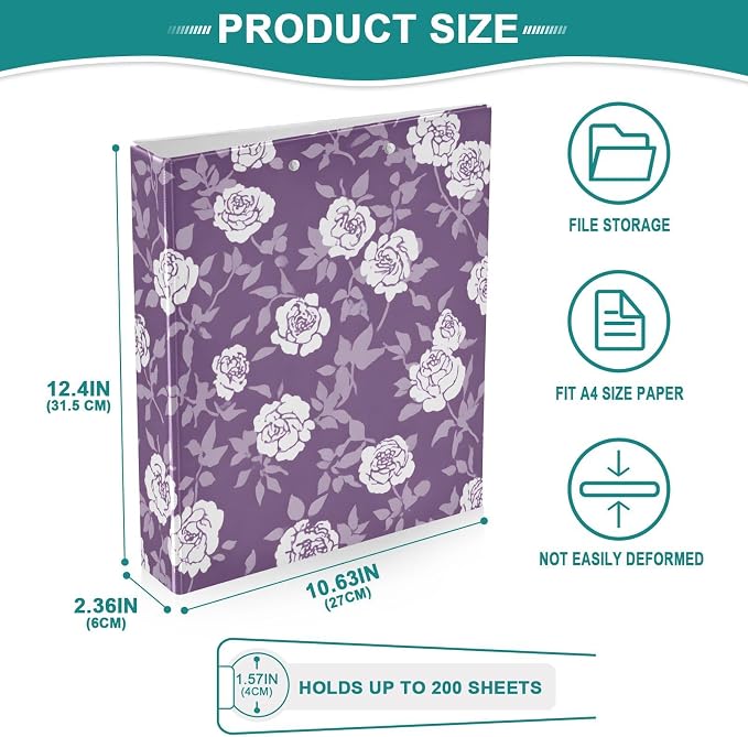 3 Ring Binder Flower Leaves Purple 1.5 inch Binders Three Ring Binders with Clipboard Fit 8.5'' x 11'' Paper 3 Interior PVC Clear Pockets for Office Supplies