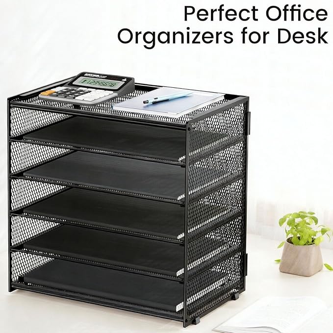 6 Trays Paper Organizer with Handle - Mesh Desk File/Letter Paper Sorter Organizer for Office, Home or School (Black with Closed top)
