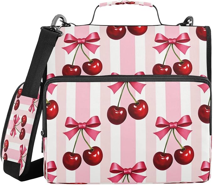 Zipper Binder 3 Ring 1.5 Inch D-Ring Red Cherries Bow File Folder Organizer | Multi-pocket Storage; Expanding Pocket; Secure Travel Document Organizer; Ideal for Commuting, Travel, Office and School