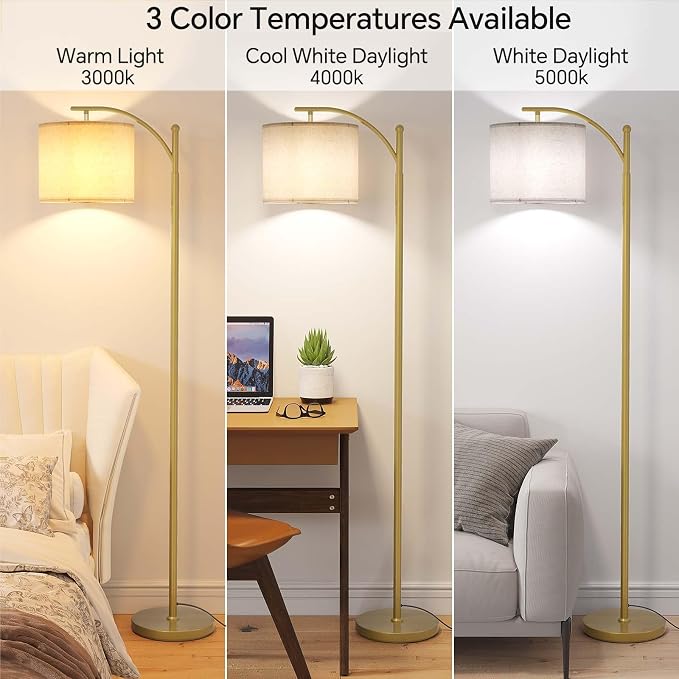 SUNMORY Arc Floor Lamp, Modern Floor Lamp with 9W 3 Color Temperatures Bulb | Metal Standing Lamps with Adjustable Hanging Lampshade,Tall Floor Lamps for Living Room,Bedroom, Gold