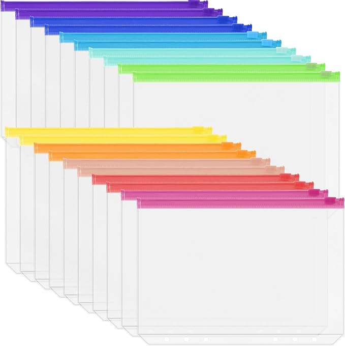 Antner 20PCS A5 Binder Pockets 6-Hole Cash Stuffing Envelopes for Money Saving, 10 Assorted Color Zipper Pouch Folders Budget Planner Inserts Loose Leaf Money Organizer Bags for A5 6-Ring Binder