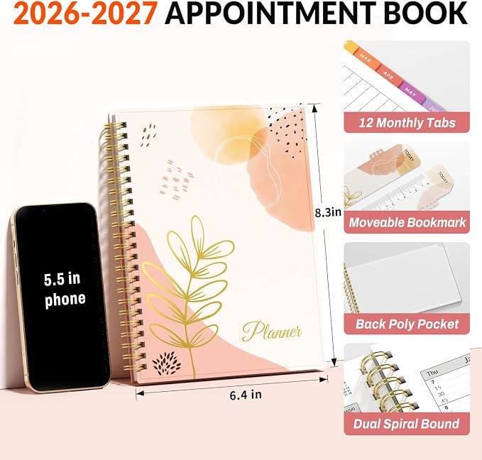 SUNEE 2026-2027 Appointment Book, Quarter-Hourly, Weekly & Monthly - from July 2026 to June 2027, 6.4"x8.3" Academic Planner, Flexible Cover, Note Pages, Bookmark, Spiral Binding, Abstract