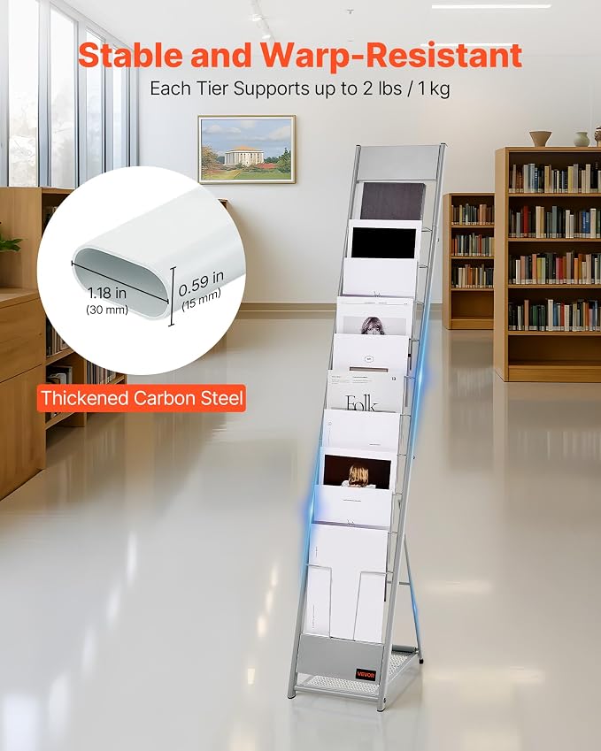VEVOR Brochure Display Rack, 10 Pockets Magazine Literature Display Stand, Portable Floor Standing Magazine Rack, Metal Newspaper Catalog Holders for Shop, Exhibitions, Office, Trade Show, Silver