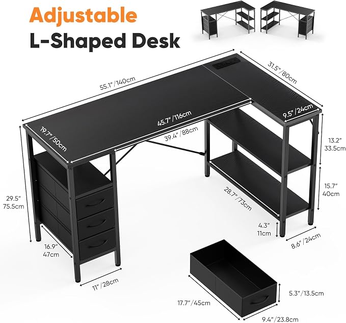 DUMOS L Shaped Desk with Drawers, Gaming Desk, 55 Inch | Power Outlet, Study Table, Adjustable Shelves, Home Office, Corner Computer Workstation, Bedroom, Black