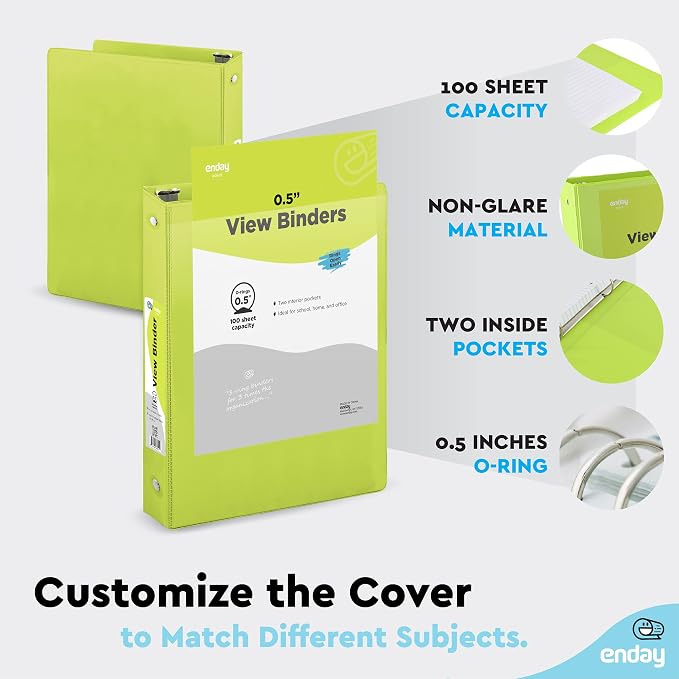 Enday 1/2 inch Binder 3 Ring Binder (24 Pack - Green) O-Ring Binder with Clear View Cover and 2 Inside Pocket - for Letter Size 8.5 x 11'' Paper, Ideal for School Supplies, Office, and Home