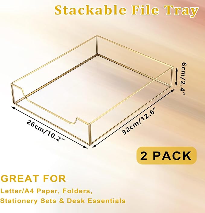 BTSKY 2 Pack Golden Glass Desk Tray, Multi-Purpose Organizer for A4 Paper, Documents, Desk Supplies, Makeup, Clear File Tray with Metal Frame, Stackable Decorative Storage for Home Office Vanity