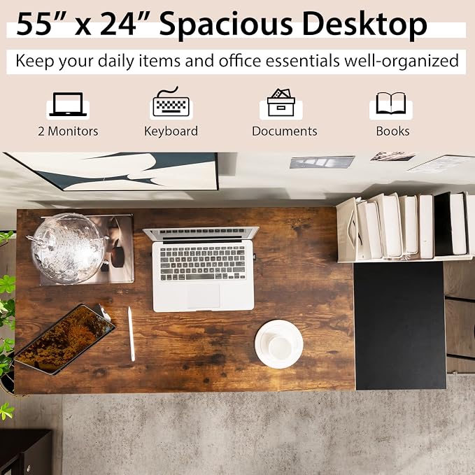 Multifunctional Computer Desk, Industrial Study Writing Desk w/Removable Storage Shelf, Heavy-Duty Metal Frame, 55 Inch Desk for Home Office, Gaming Room, Bedroom (Rustic Brown)