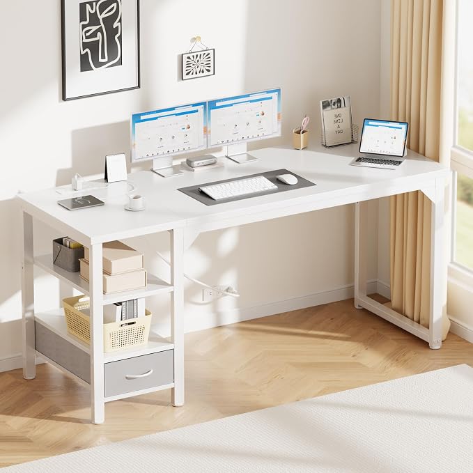 48" Computer Desk with Drawer, 1.2" Thick Reversible Office Desk | Modern Writing Table with Power Outlets & Storage Shelves, Heavy Duty Industrial Study Desk for Home Bedroom Work