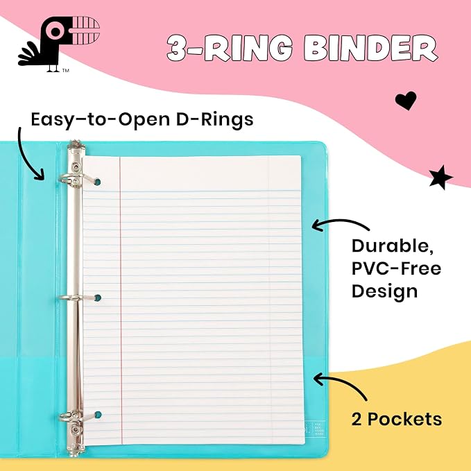Yoobi 1 Inch Binder Set – 3-Ring Binders with 2 Pockets – Perfect for School or Office – Holds up to 220 Sheets – 4 Pack – Flamingo