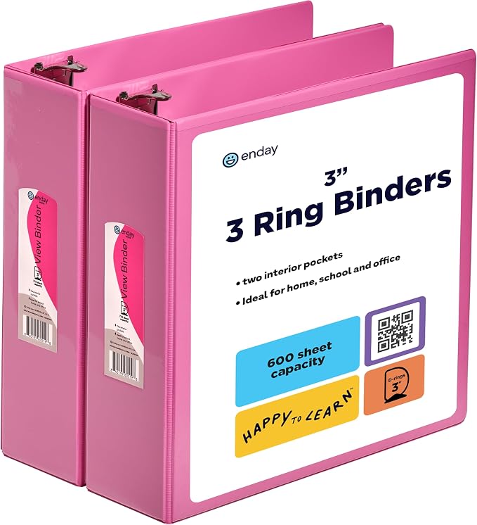 3 Inch Binder (2 Pack) Pink 3 Ring Binder 3 inch, Clear View Cover with 2 Inside Pockets, Three Ring Binders for Home, Office and School Supplies - Enday