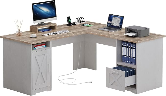 YITAHOME L Shaped Desk with Power Outlets | Computer Corner Desk, File Drawer, Monitor Stand & Storage Shelves, File Cabinet