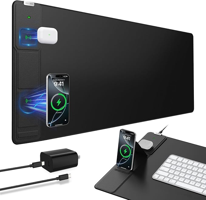 Wireless Charging Mouse Pad with Foldable Phone Holder, 31.5"x15.8", Black | Extended Desk Mat for Laptop/Keyboard, Waterproof Ultra-Smooth Surface, Non-Slip Base & 20W PD Adapter