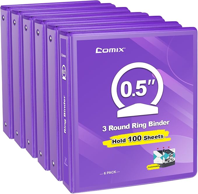 COMIX Sturdy 0.5 Inch 3 Ring Binder with Clear View Cover | 0.5"Heavy Duty Round Ring,PVC-Free Board,Holds 100 Letter Sheets,Wholesale for Offices & Classrooms,6 Pack (Purple)