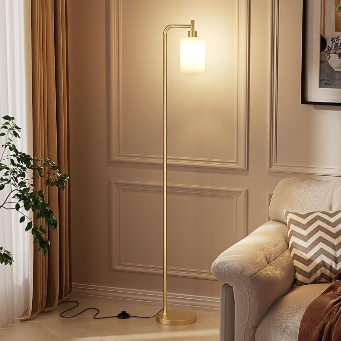 Ziisee Floor Lamps for Living Room - Industrial Standing Lamp with Frosted White Glass Shade, Modern Gold Floor Lamp with LED Bulbs, Farmhouse Floor Lamp for Bedroom, Tall Lamp for Office - Gold
