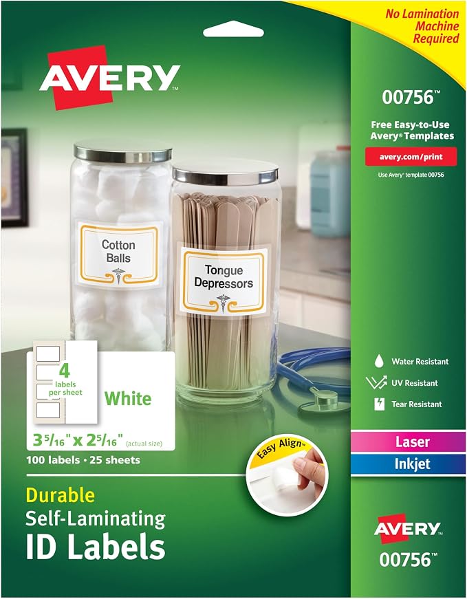 Avery® 00756 Easy Align® Self-Laminating ID Labels, Laser/Inkjet, 2 15/16 x 3 5/16, White (Pack of 100)