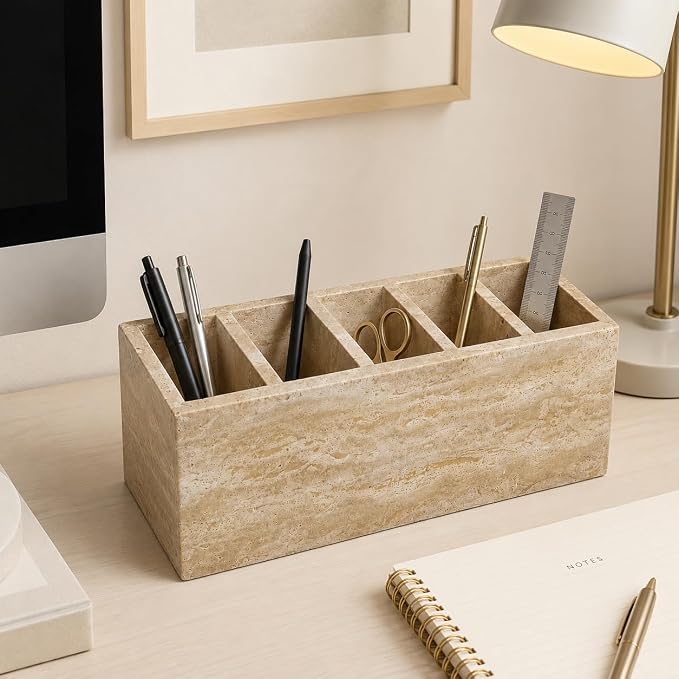 Travertine Desk Organizer, 5-Compartment Pen & Brush Holder | for Pens, Makeup Brushes, and Office Desk Decor, 9.84 x 3.94 x 3.94 in