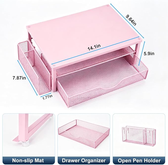 Spacrea Desk Organizer and Accessories, Computer Monitor Stand Riser with Drawer and 1 Open Pen Holder, Printer & Laptop Stand, Office Desk Accessories for Home Office Supplies (Pink)