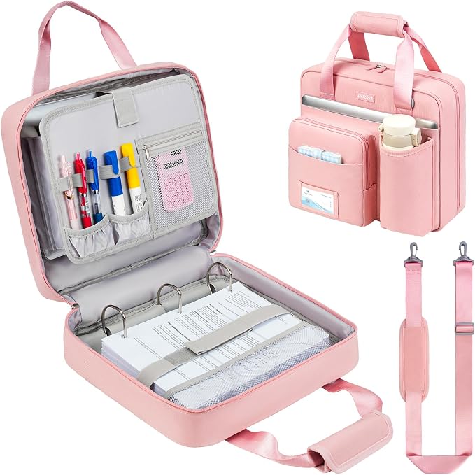 3 Ring Zipper Binder Bag, 3 Inch D-Ring 700 Sheet Capacity, Portable File Organizer with Removable Shoulder Strap & Multiple Pockets for School Office Travel Summer Study Back to School,Pink
