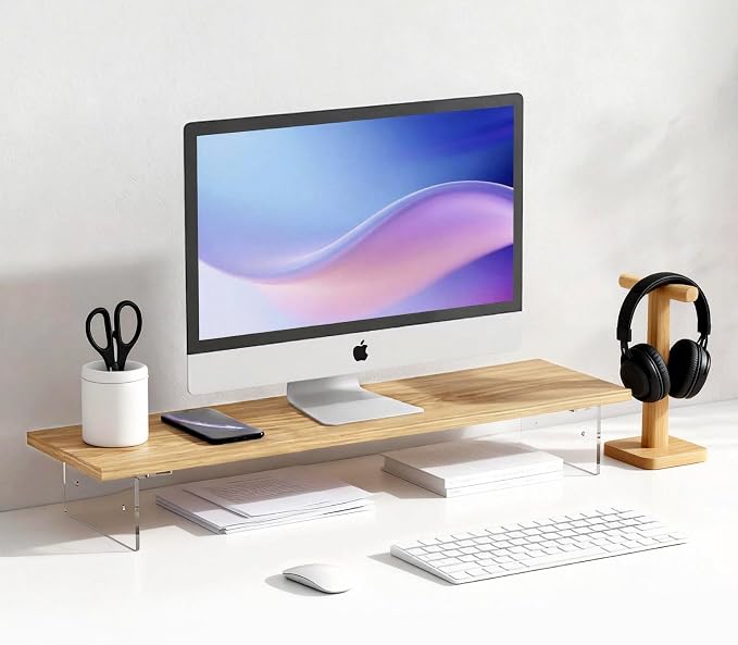Wood Monitor Stand Riser with Acrylic Legs, Computer Screen Stand Desk Organizer, 31.5 x 7.9 x 3.1 inch, Hold up to 66 lbs (Natural, 31.5"×7.9"×3.1")